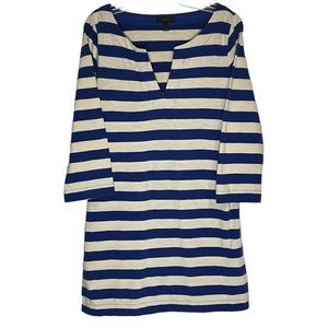 J. Crew 100% Cotton Navy Blue and White Stripe V-Neck Quarter Sleeve Mini Dress